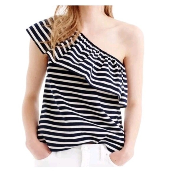 J.CREW Tops - J. Crew‎ Navy Blue/White Stripe Ruffled One-Shoulder Top Size M